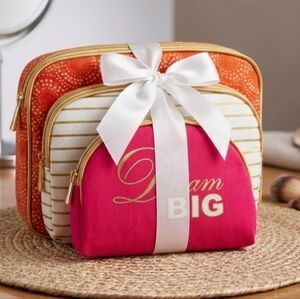 Set of 3 Chic & Sassy Toiletry Bags – "Dream BIG" Design Coral, Pink Gold Withe.